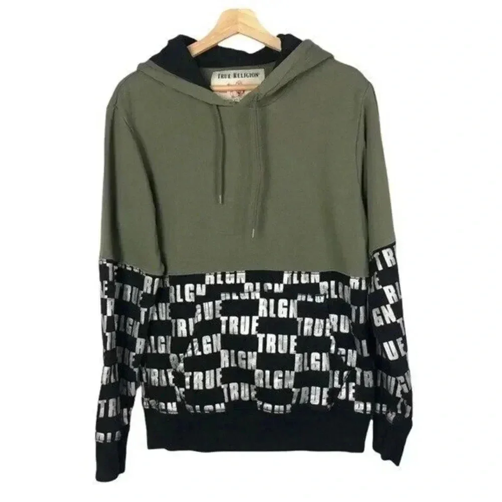 True Religion Green & Black Logo Hooded Sweatshirt M